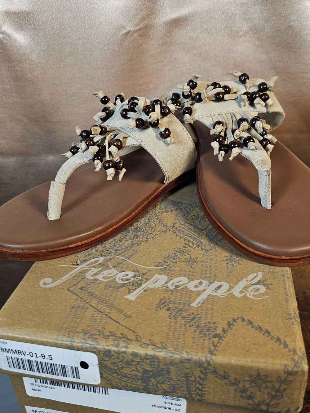 NIB Free People Sadie Fringe Beaded Suede Sandals Oiled Silt 9.5